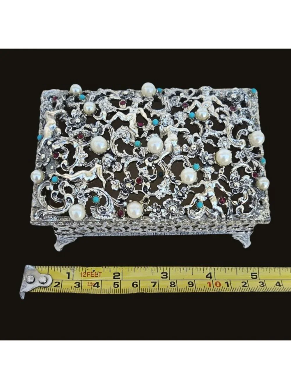 Vintage Hollywood Regency Gold Tone Filigree Jewelry Box Faux Pearl Turquoise